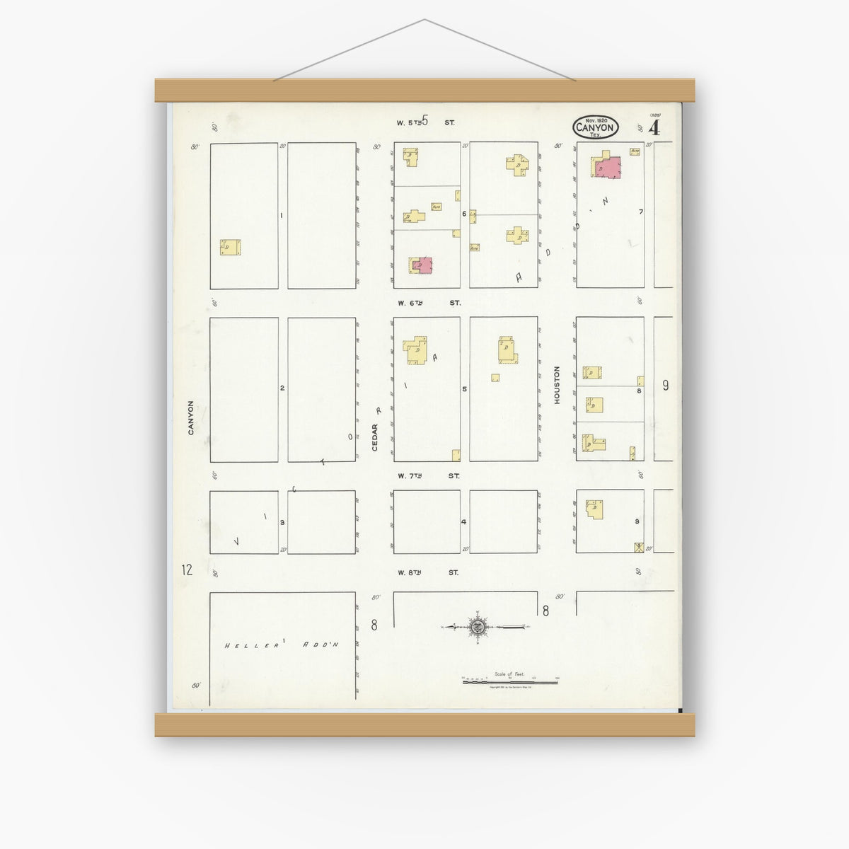 Old map wall art mockup — magnetic wood frame on white wall — Sanborn Fire Insurance Map from Canyon, Randall County, Texas (1920), Sheet #0004