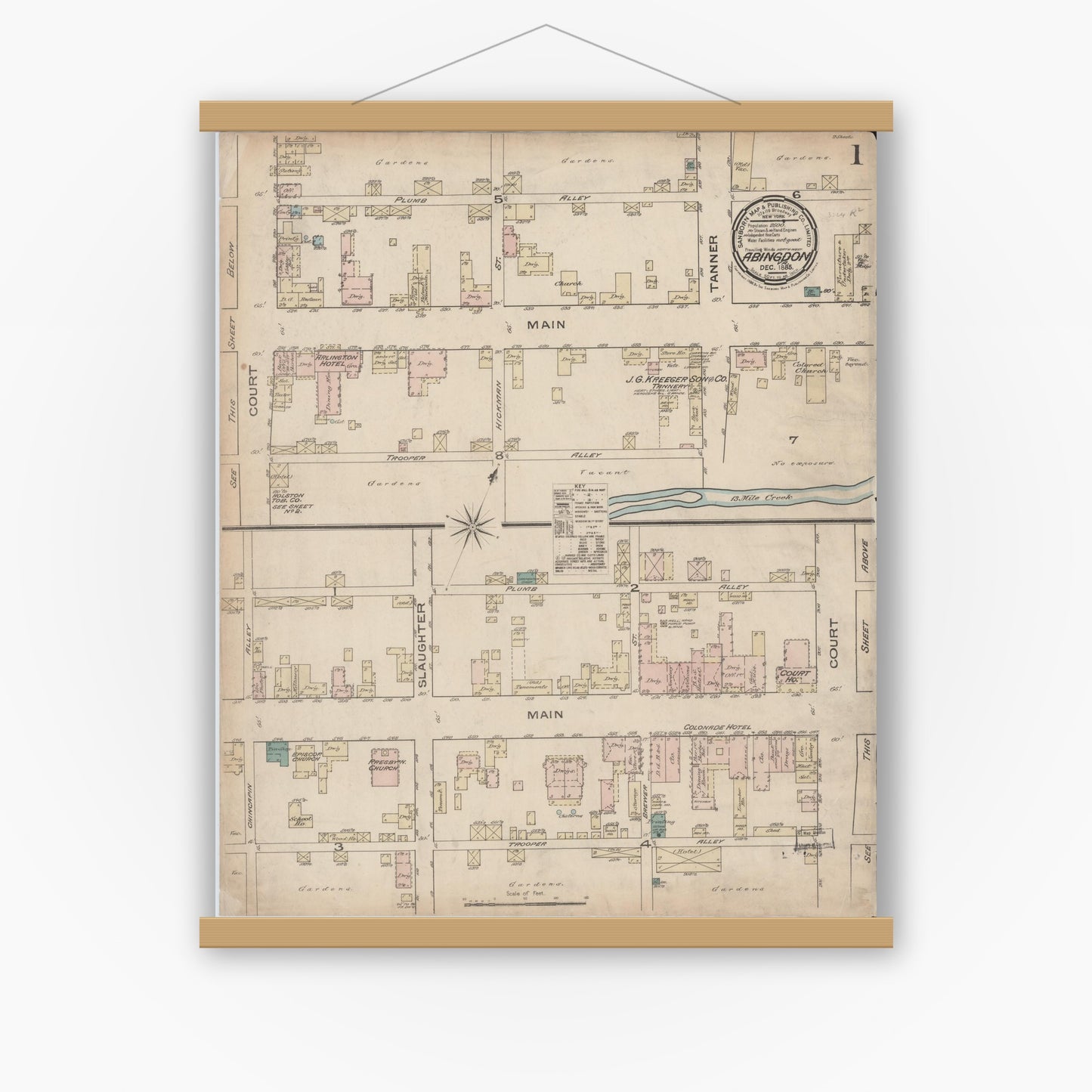 Old map wall art mockup — magnetic wood frame on white wall — Sanborn Fire Insurance Map from Abingdon, Washington County, Virginia (Unknown), Sheet #0001