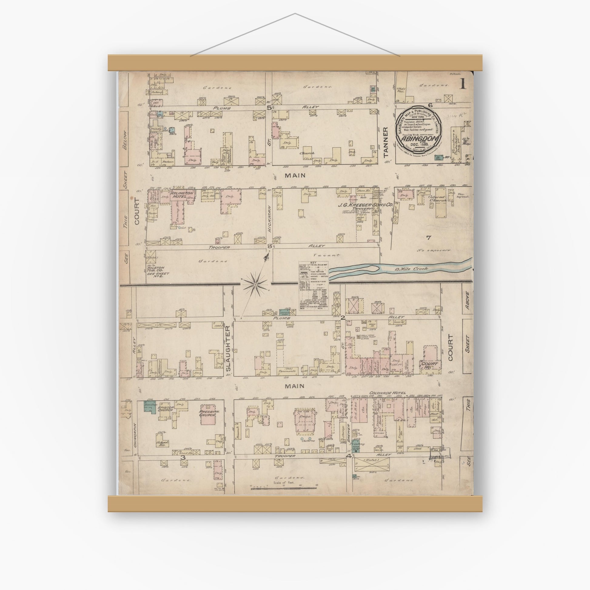 Old map wall art mockup — magnetic wood frame on white wall — Sanborn Fire Insurance Map from Abingdon, Washington County, Virginia (Unknown), Sheet #0001
