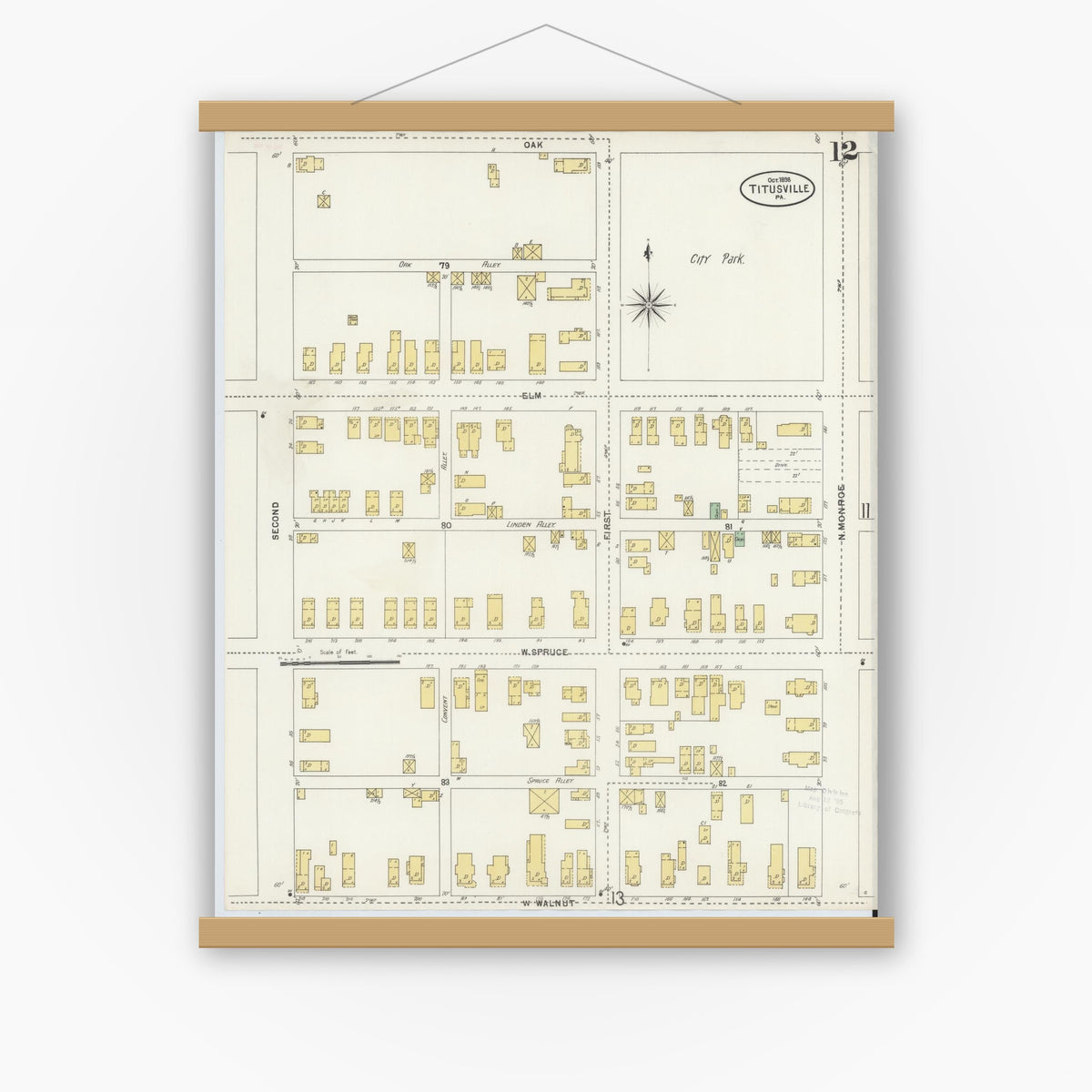 Old map wall art mockup — magnetic wood frame on white wall — Sanborn Fire Insurance Map from Titusville, Crawford County, Pennsylvania (1898), Sheet #0012