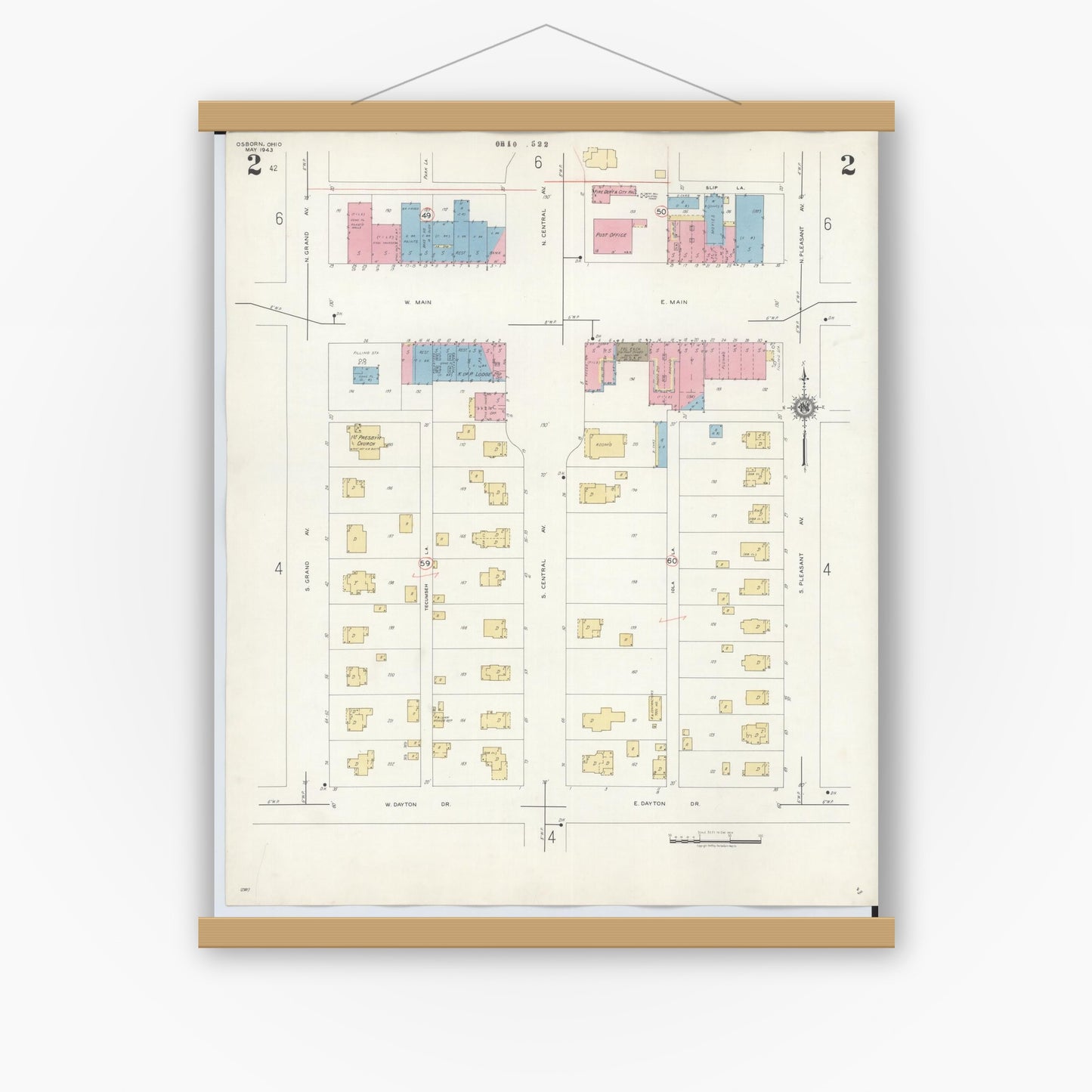 Old map wall art mockup — magnetic wood frame on white wall — Sanborn Fire Insurance Map from Osborn, Greene County, Ohio (1943), Sheet #0002