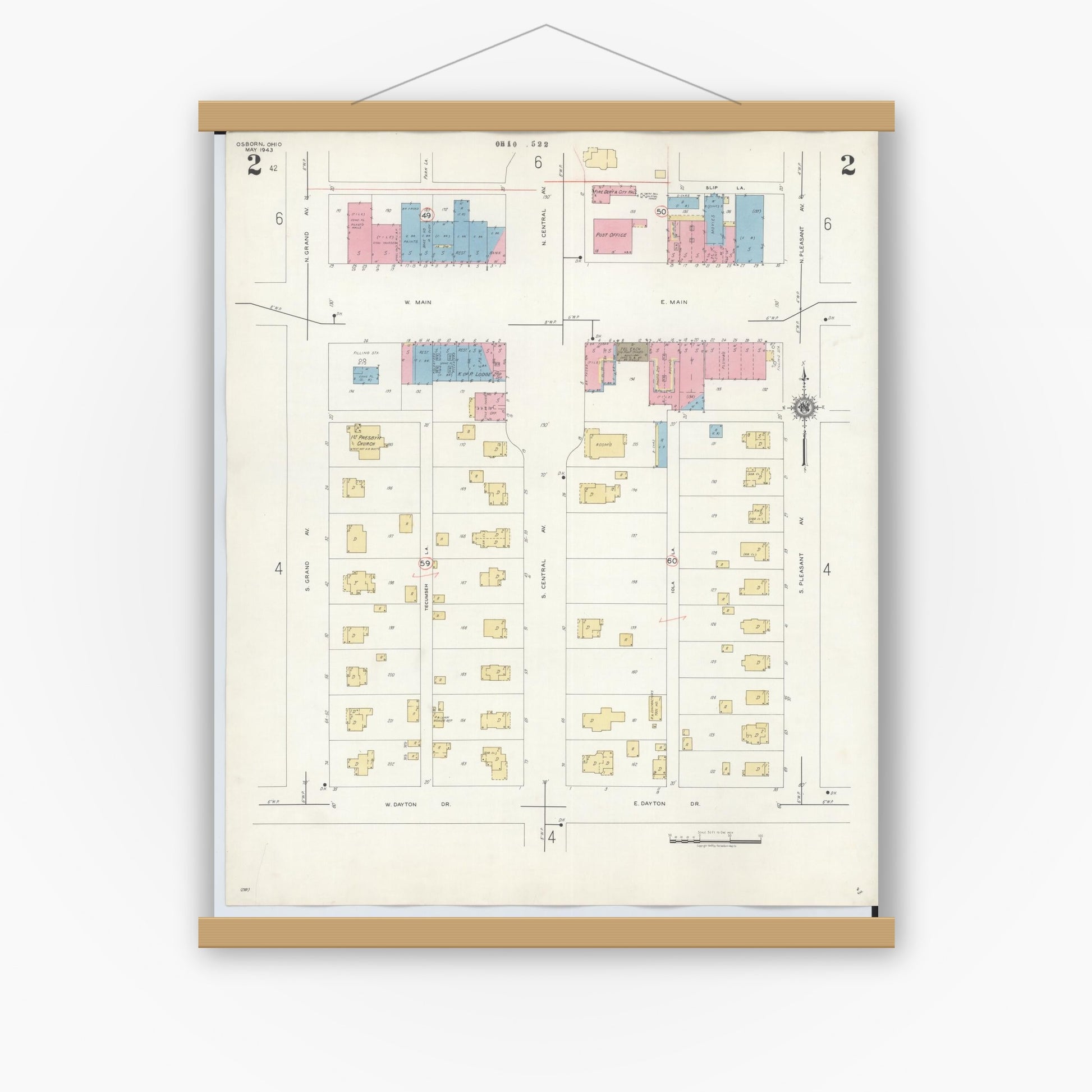 Old map wall art mockup — magnetic wood frame on white wall — Sanborn Fire Insurance Map from Osborn, Greene County, Ohio (1943), Sheet #0002