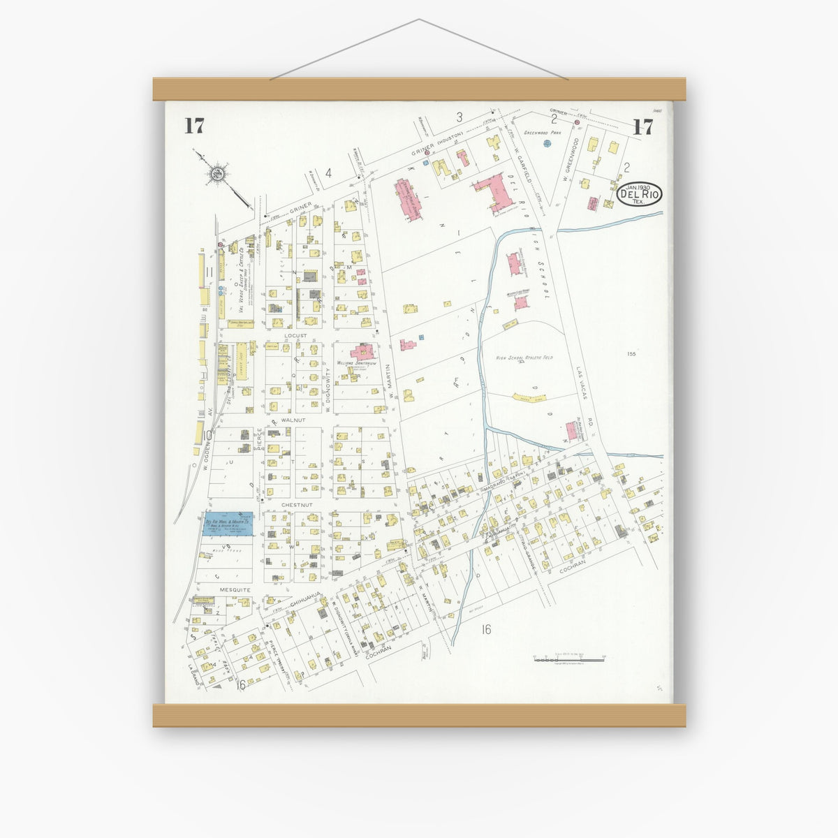 Old map wall art mockup — magnetic wood frame on white wall — Sanborn Fire Insurance Map from Del Rio, Val Verde County, Texas (1930), Sheet #0017