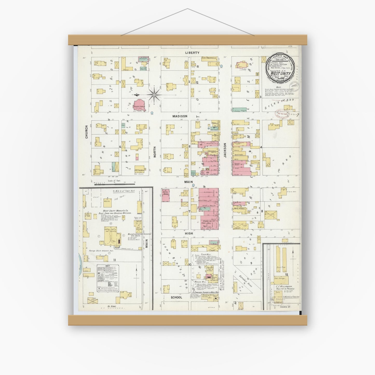 Old map wall art mockup — magnetic wood frame on white wall — Sanborn Fire Insurance Map from West Unity, Williams County, Ohio (1899), Sheet #0001