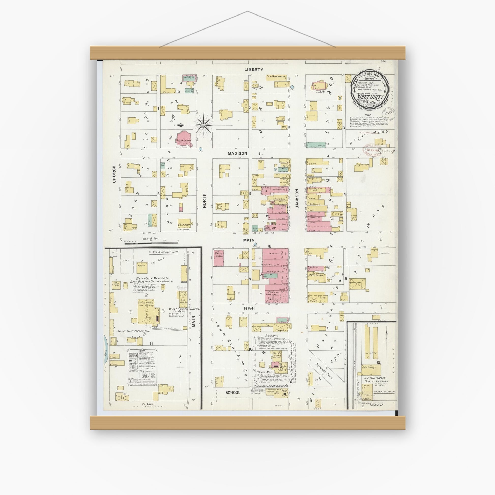 Old map wall art mockup — magnetic wood frame on white wall — Sanborn Fire Insurance Map from West Unity, Williams County, Ohio (1899), Sheet #0001