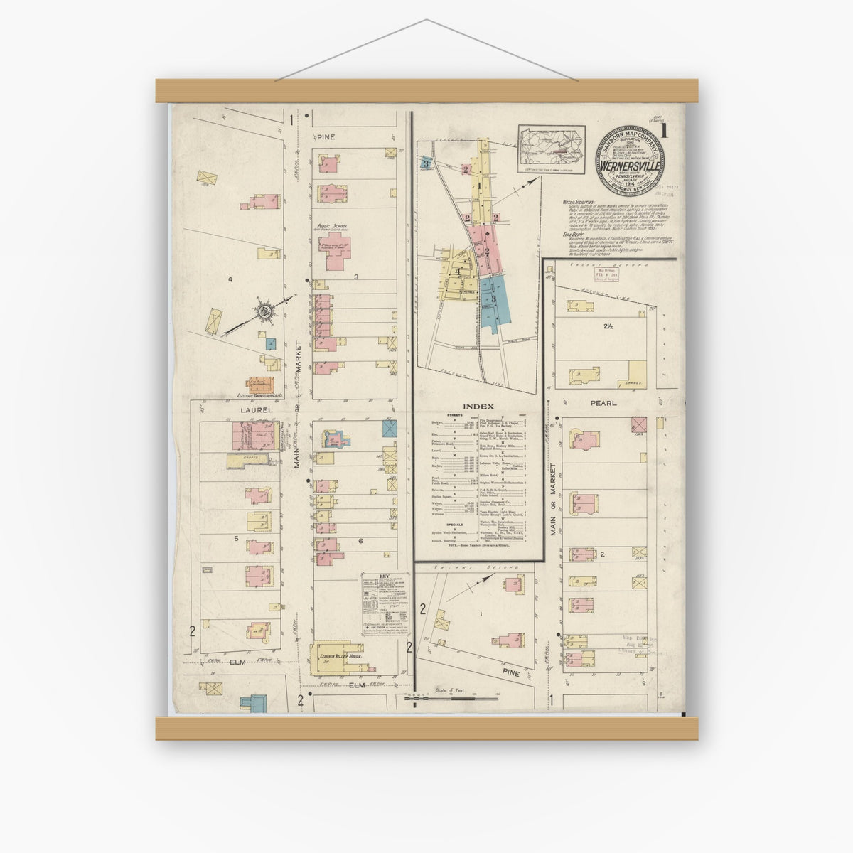 Old map wall art mockup — magnetic wood frame on white wall — Sanborn Fire Insurance Map from Wernersville, Berks County, Pennsylvania (1914) - Complete Map Set