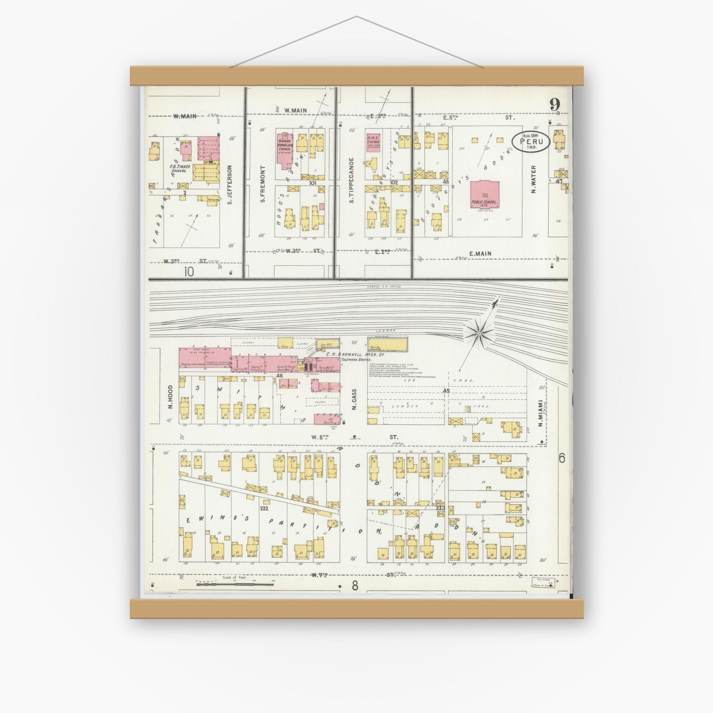 Old map wall art mockup — magnetic wood frame on white wall — Sanborn Fire Insurance Map from Peru, Miami County, Indiana (1899), Sheet #0009