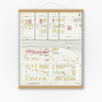 Old map wall art mockup — magnetic wood frame on white wall — Sanborn Fire Insurance Map from Peru, Miami County, Indiana (1899), Sheet #0009