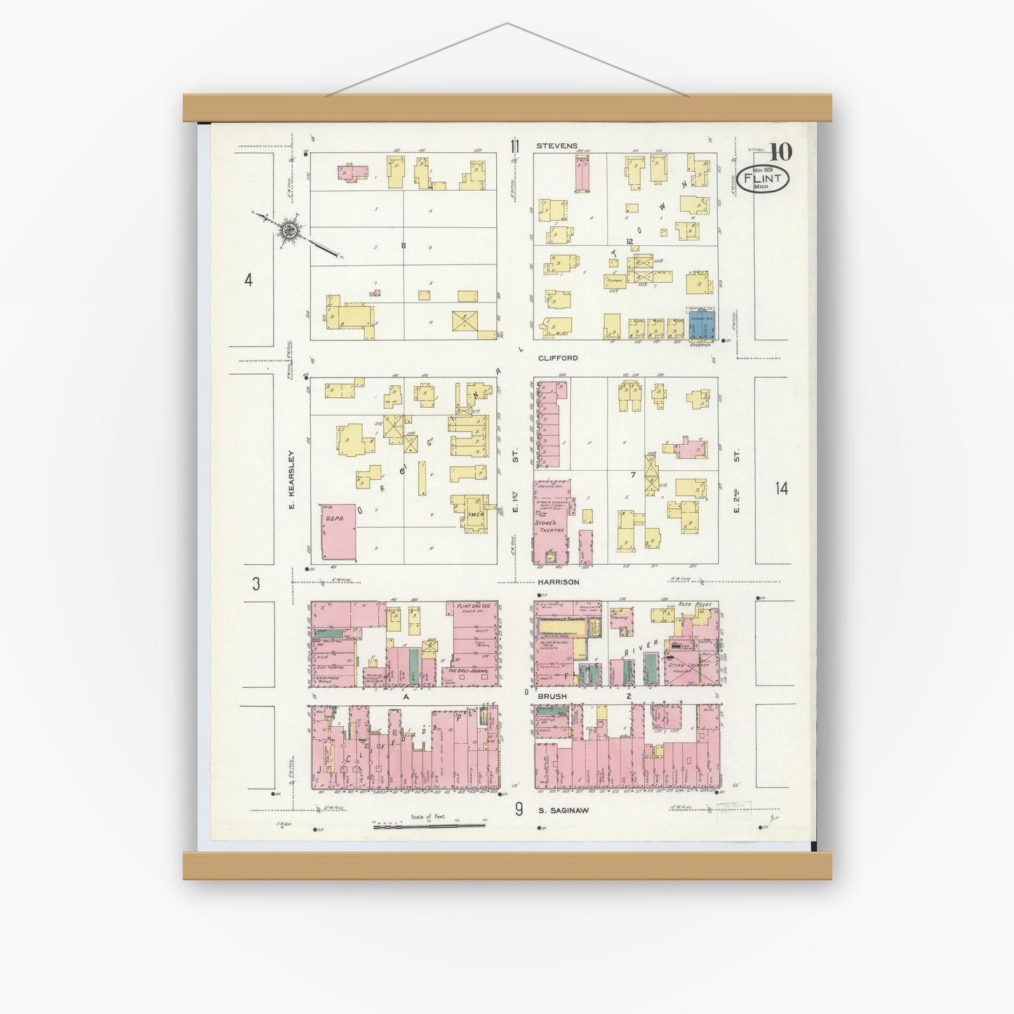 Old map wall art mockup — magnetic wood frame on white wall — Sanborn Fire Insurance Map from Flint, Genesee County, Michigan (1909), Sheet #0010