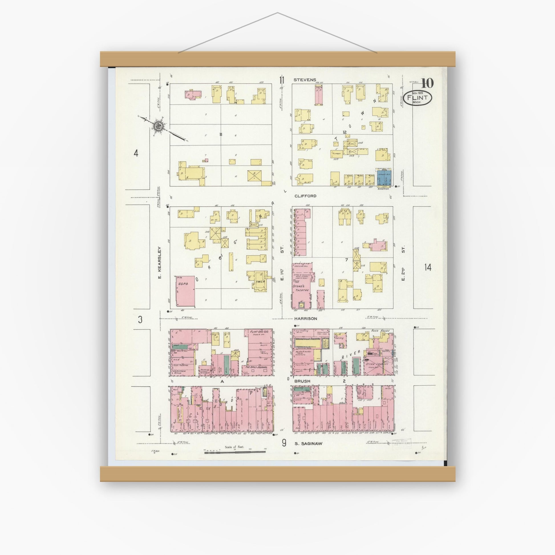 Old map wall art mockup — magnetic wood frame on white wall — Sanborn Fire Insurance Map from Flint, Genesee County, Michigan (1909), Sheet #0010