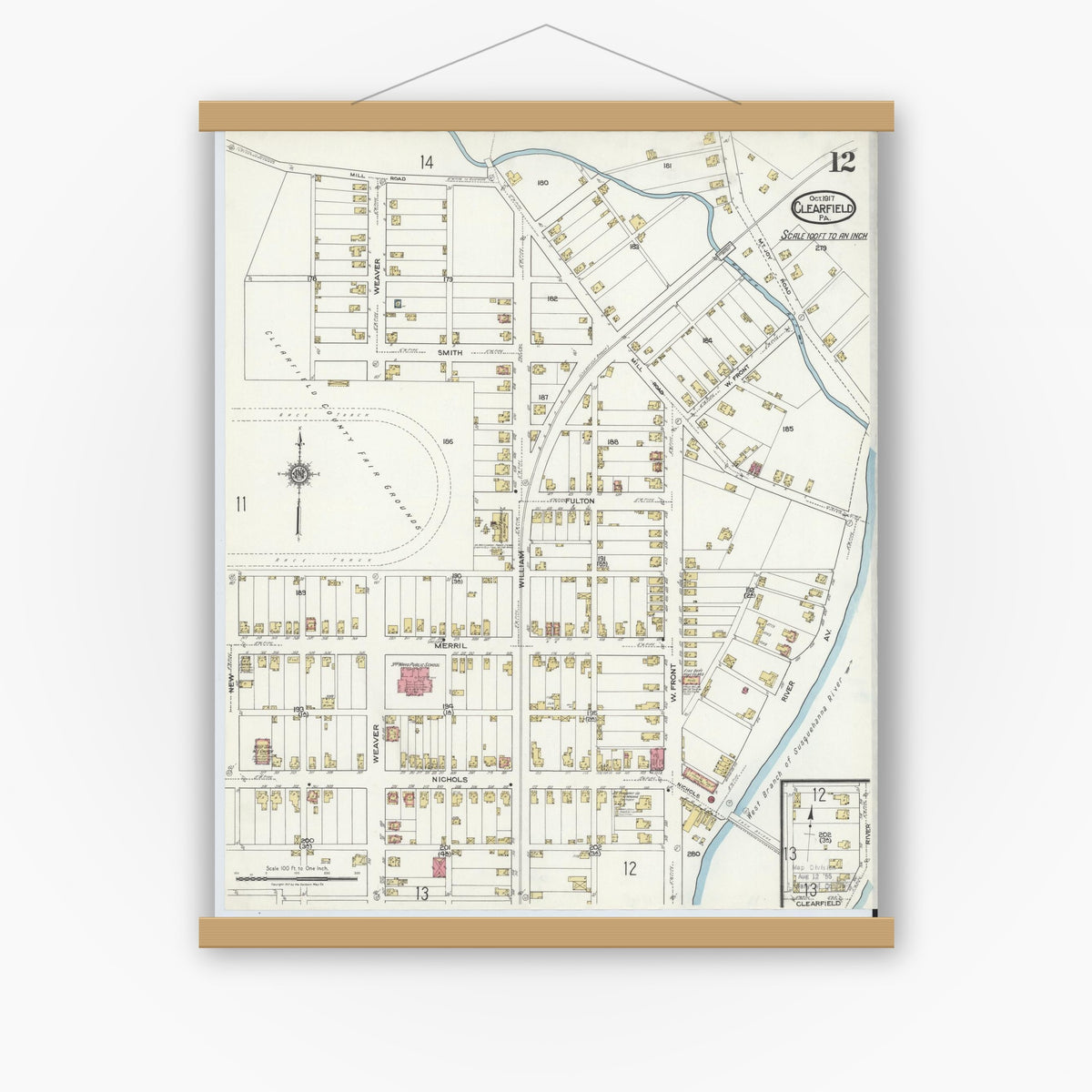 Old map wall art mockup — magnetic wood frame on white wall — Sanborn Fire Insurance Map from Clearfield, Clearfield County, Pennsylvania (1917), Sheet #0012