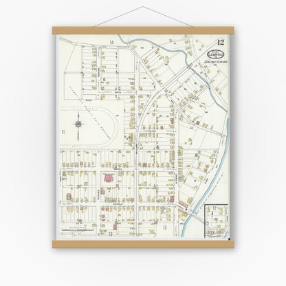Old map wall art mockup — magnetic wood frame on white wall — Sanborn Fire Insurance Map from Clearfield, Clearfield County, Pennsylvania (1917), Sheet #0012