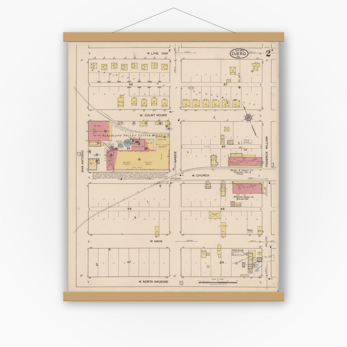 Old map wall art mockup — magnetic wood frame on white wall — Sanborn Fire Insurance Map from Cuero, De Witt County, Texas (1922), Sheet #0002