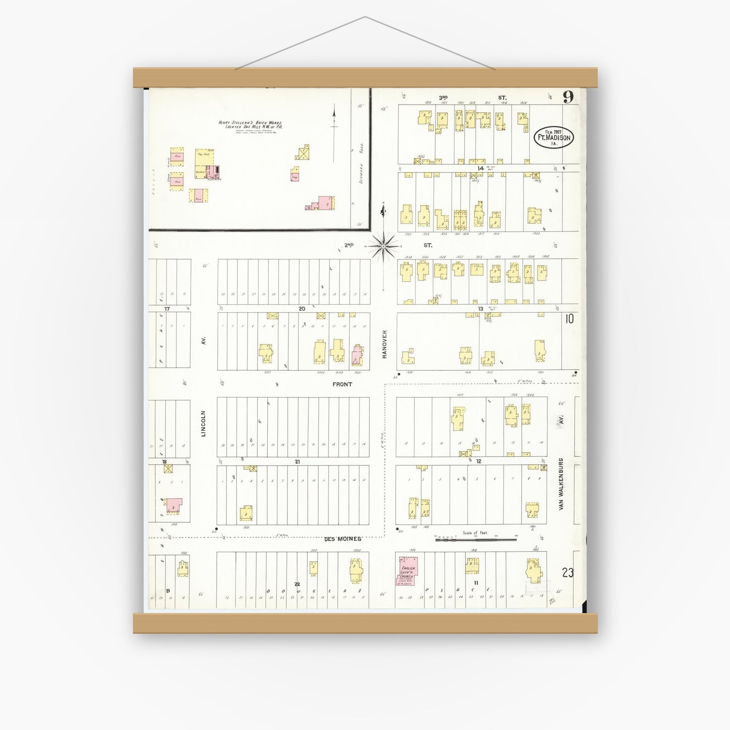 Old map wall art mockup — magnetic wood frame on white wall — Sanborn Fire Insurance Map from Fort Madison, Lee County, Iowa (1907), Sheet #0009