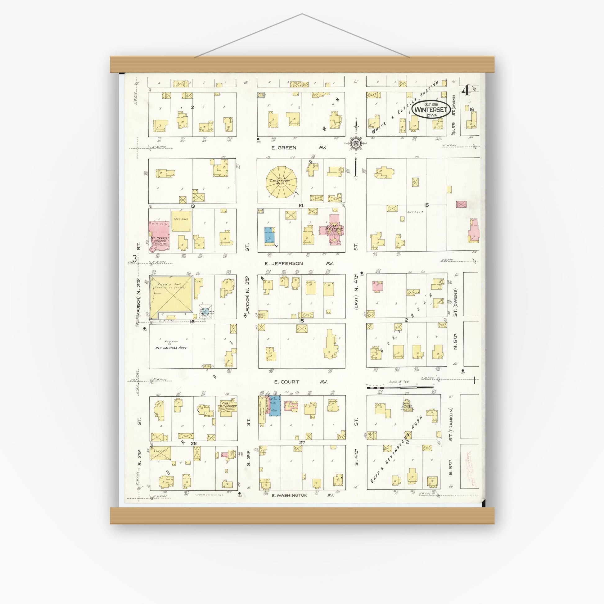 Old map wall art mockup — magnetic wood frame on white wall — Sanborn Fire Insurance Map from Winterset, Madison County, Iowa (1916), Sheet #0004