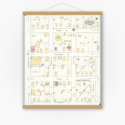 Old map wall art mockup — magnetic wood frame on white wall — Sanborn Fire Insurance Map from Winterset, Madison County, Iowa (1916), Sheet #0004