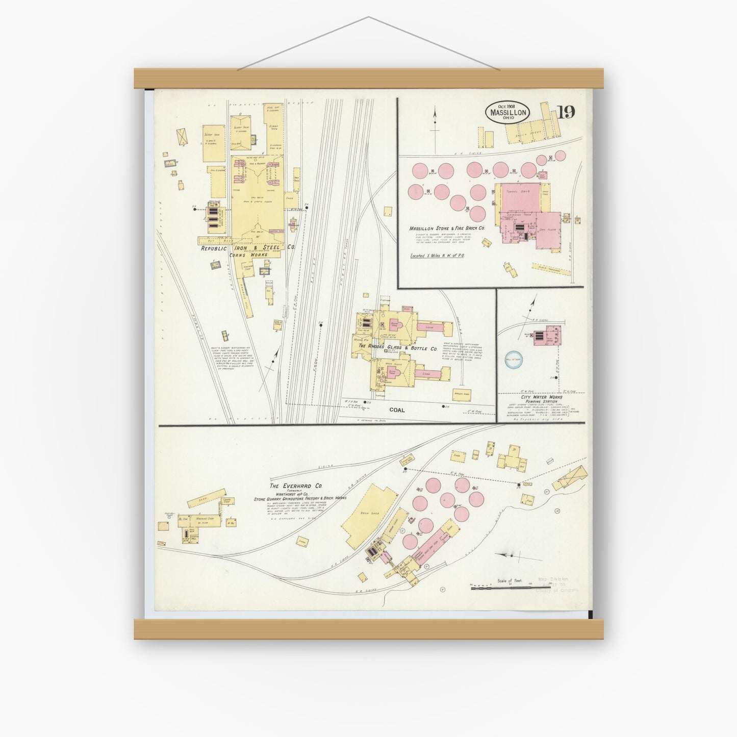Old map wall art mockup — magnetic wood frame on white wall — Sanborn Fire Insurance Map from Massillon, Stark County, Ohio (1908), Sheet #0019