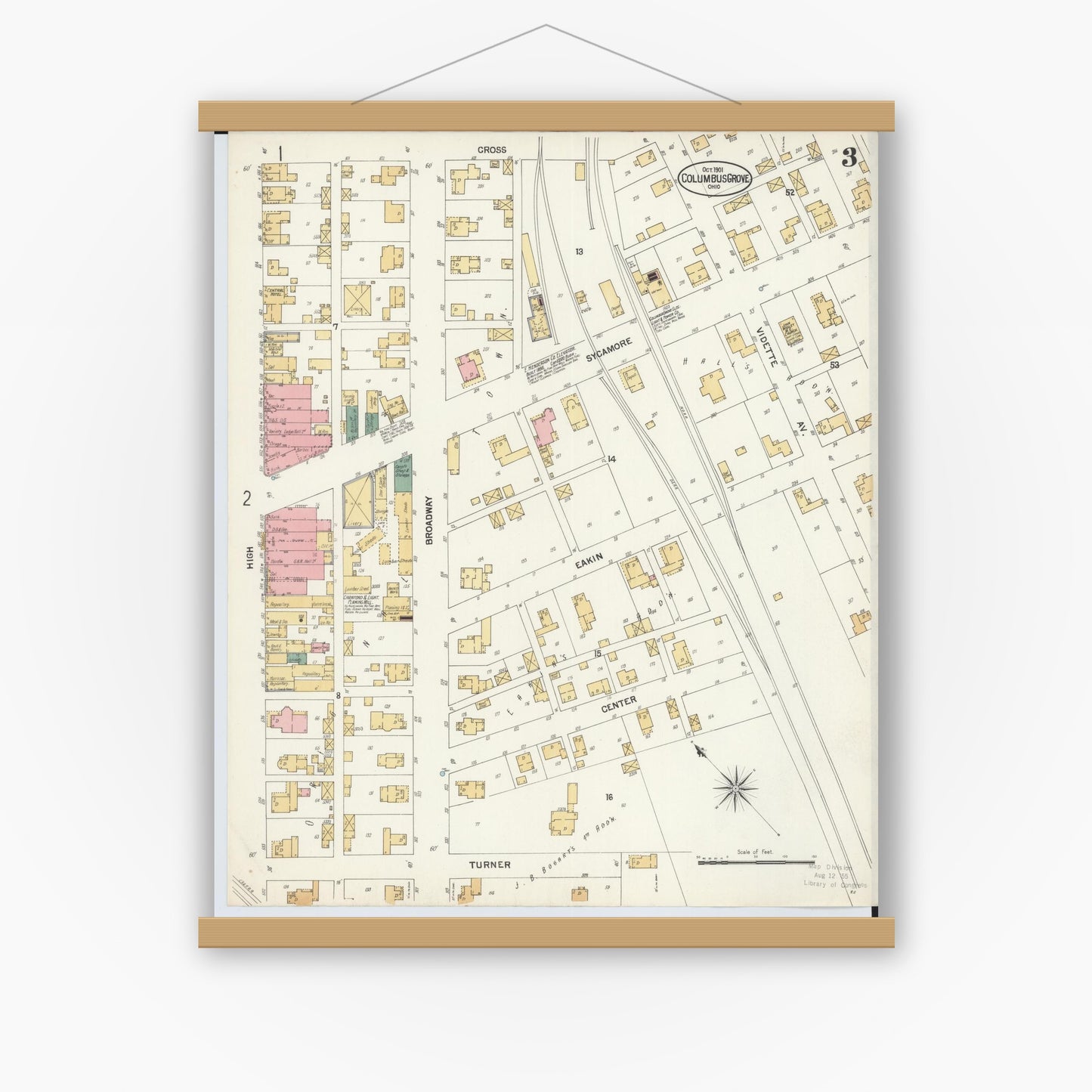 Old map wall art mockup — magnetic wood frame on white wall — Sanborn Fire Insurance Map from Columbus Grove, Putnam County, Ohio (1901), Sheet #0003