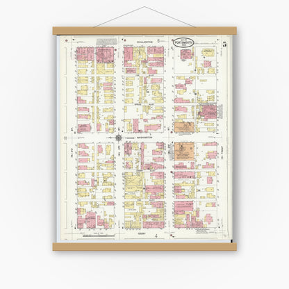 Old map wall art mockup — magnetic wood frame on white wall — Sanborn Fire Insurance Map from Portsmouth, Scioto County, Ohio (1911), Sheet #0005