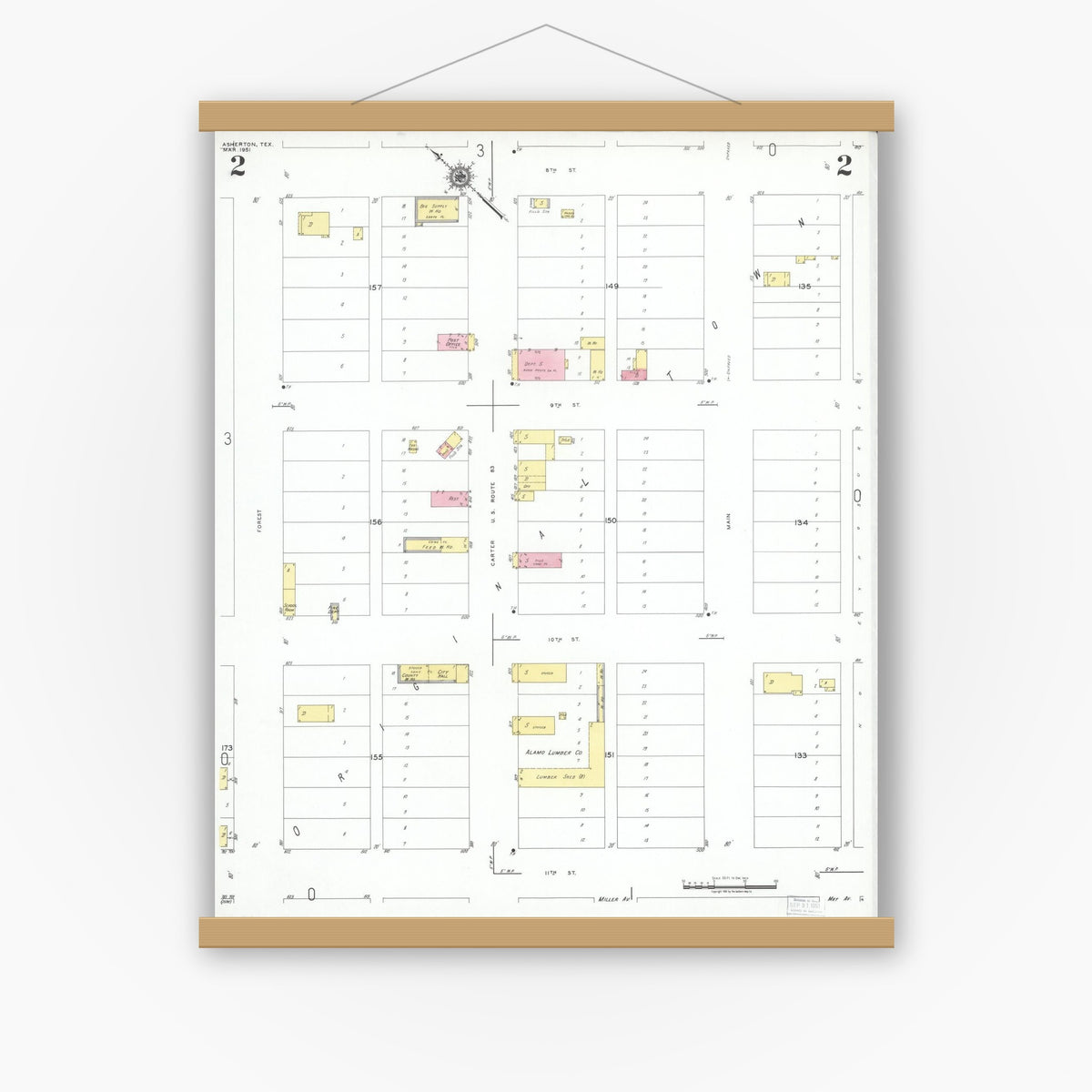 Old map wall art mockup — magnetic wood frame on white wall — Sanborn Fire Insurance Map from Asherton, Dimmit County, Texas (1951), Sheet #0002