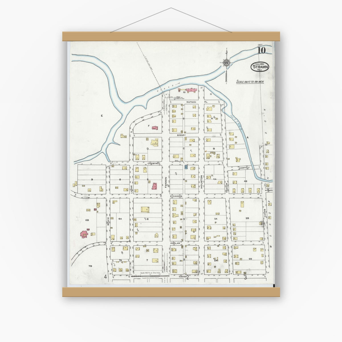 Old map wall art mockup — magnetic wood frame on white wall — Sanborn Fire Insurance Map from Strawn, Palo Pinto County, Texas (1920), Sheet #0010