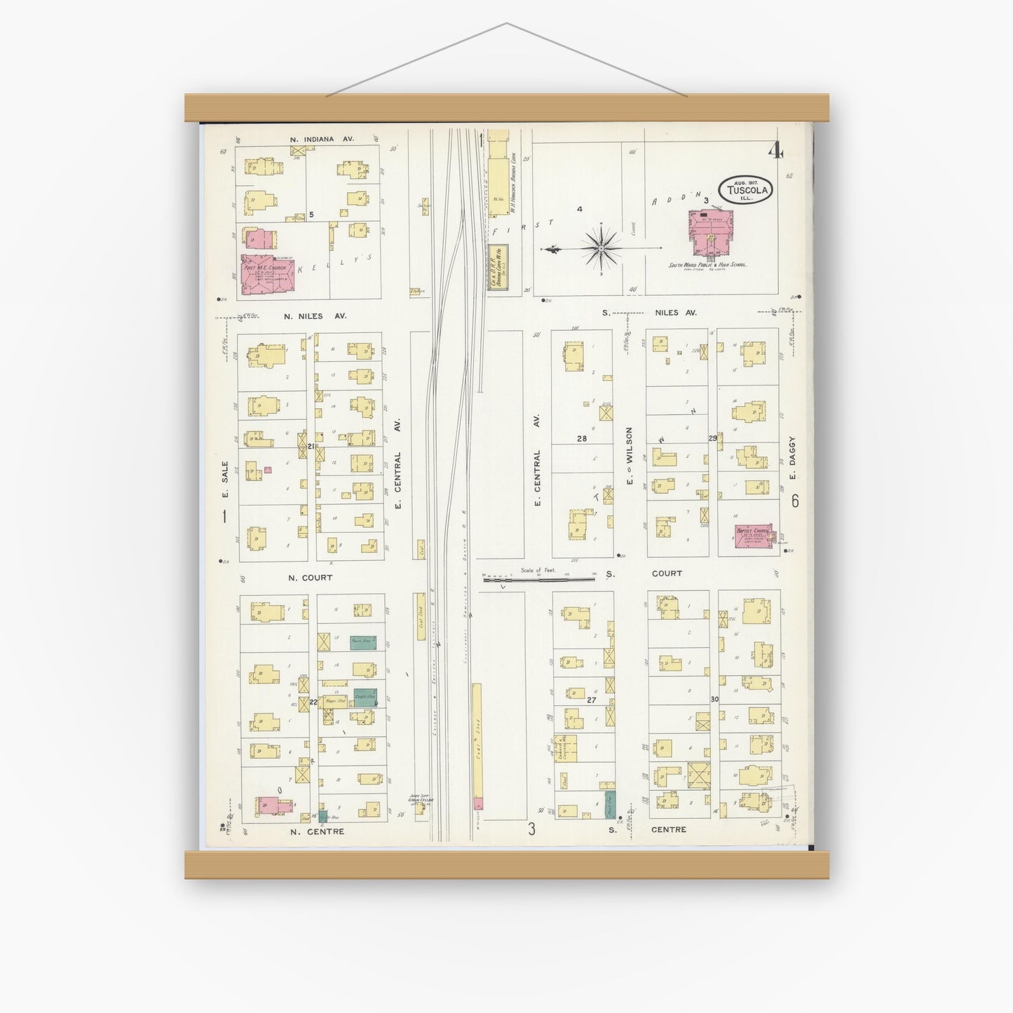 Old map wall art mockup — magnetic wood frame on white wall — Sanborn Fire Insurance Map from Tuscola, Douglas County, Illinois (1907), Sheet #0004