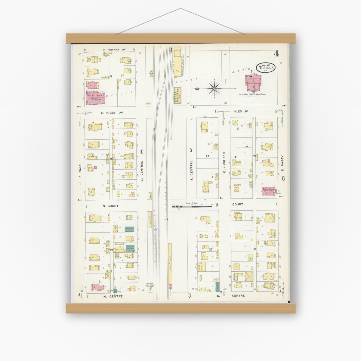 Old map wall art mockup — magnetic wood frame on white wall — Sanborn Fire Insurance Map from Tuscola, Douglas County, Illinois (1907), Sheet #0004