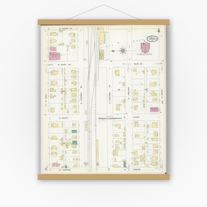 Old map wall art mockup — magnetic wood frame on white wall — Sanborn Fire Insurance Map from Tuscola, Douglas County, Illinois (1907), Sheet #0004