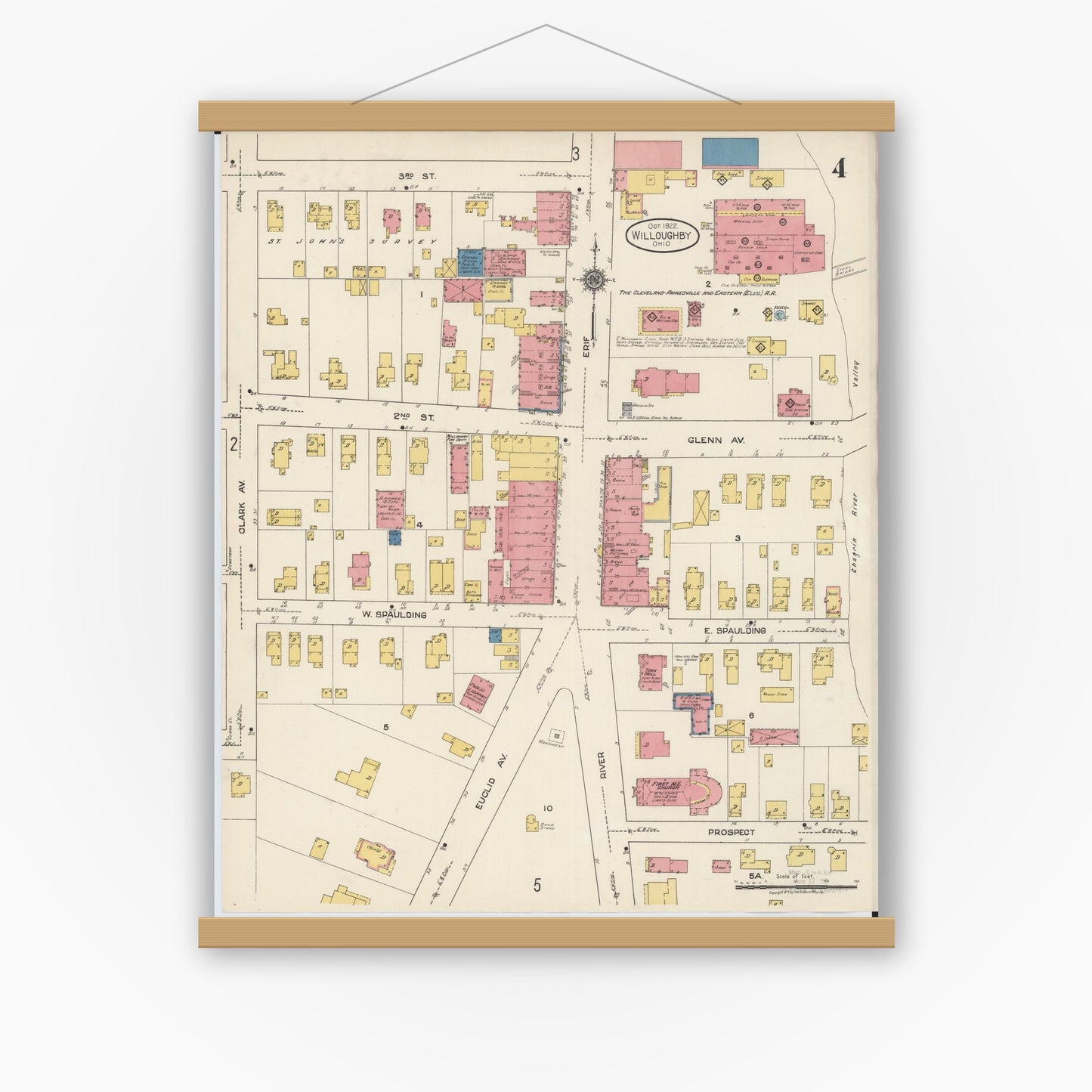 Old map wall art mockup — magnetic wood frame on white wall — Sanborn Fire Insurance Map from Willoughby, Lake County, Ohio (1922), Sheet #0004