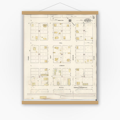 Old map wall art mockup — magnetic wood frame on white wall — Sanborn Fire Insurance Map from Gorman, Eastland County, Texas (1945), Sheet #0003