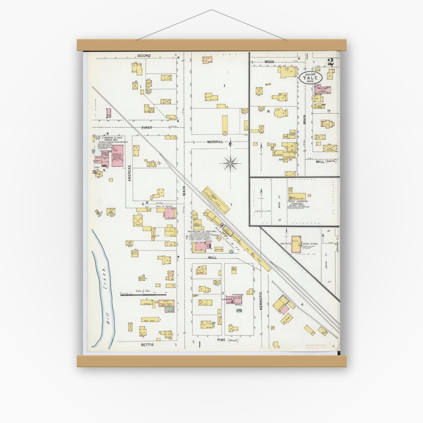 Old map wall art mockup — magnetic wood frame on white wall — Sanborn Fire Insurance Map from Yale, Saint Clair County, Michigan (1900), Sheet #0002
