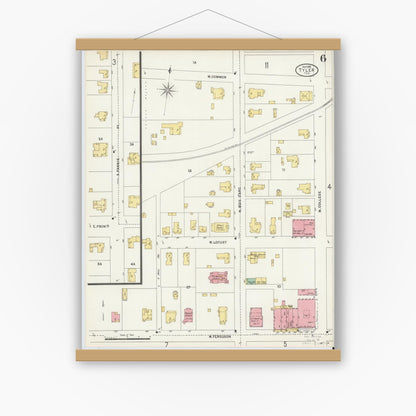 Old map wall art mockup — magnetic wood frame on white wall — Sanborn Fire Insurance Map from Tyler, Smith County, Texas (1898), Sheet #0006