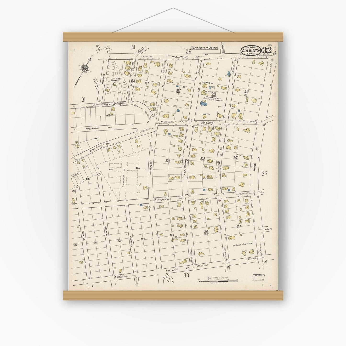 Old map wall art mockup — magnetic wood frame on white wall — Sanborn Fire Insurance Map from Arlington, Middlesex County, Massachusetts (1922), Sheet #0032