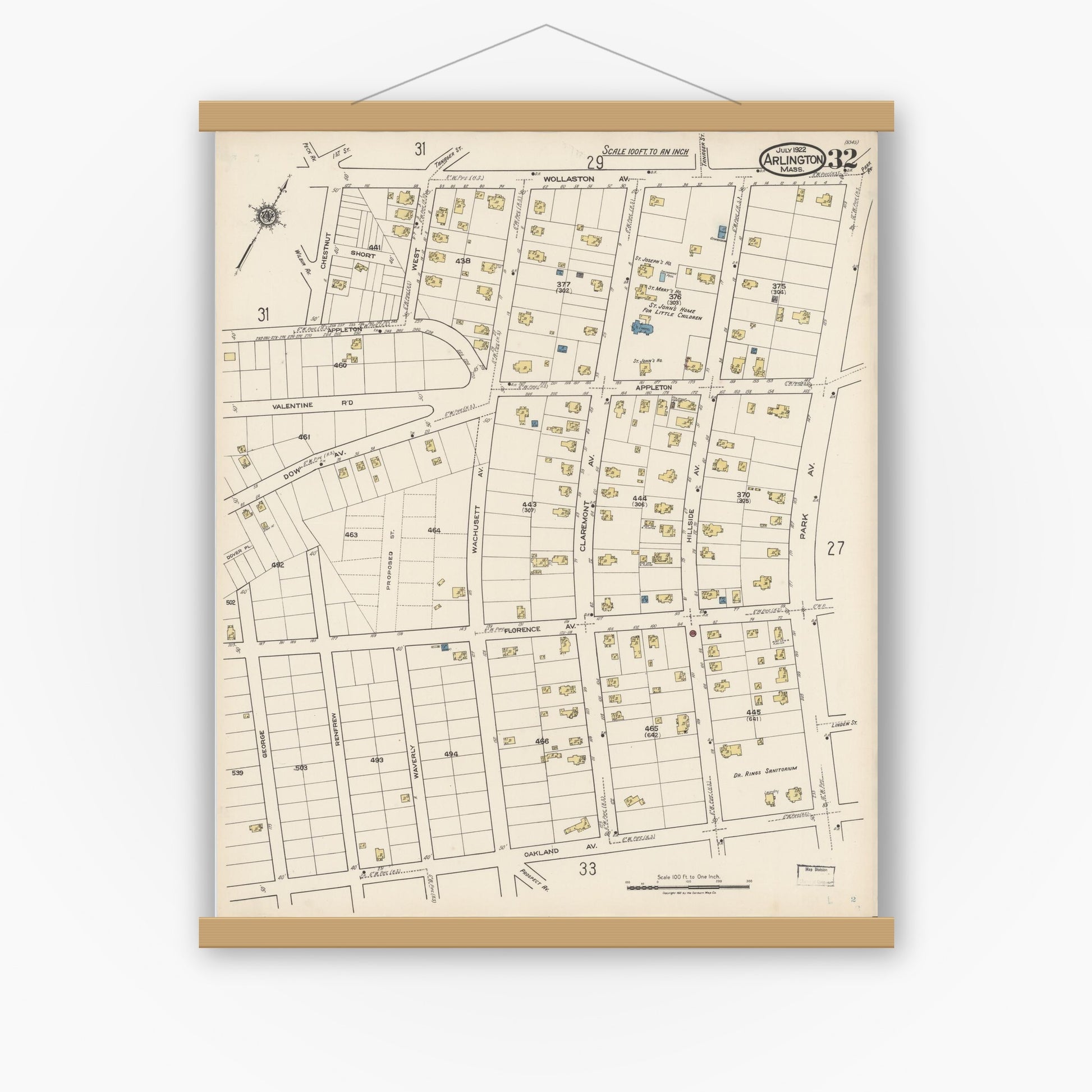 Old map wall art mockup — magnetic wood frame on white wall — Sanborn Fire Insurance Map from Arlington, Middlesex County, Massachusetts (1922), Sheet #0032
