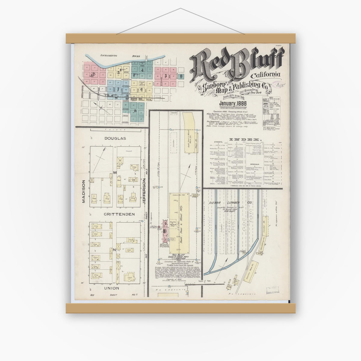 Old map wall art mockup — magnetic wood frame on white wall — Sanborn Fire Insurance Map from Red Bluff, Tehama County, California (1886) - Complete Map Set