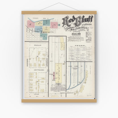 Old map wall art mockup — magnetic wood frame on white wall — Sanborn Fire Insurance Map from Red Bluff, Tehama County, California (1886) - Complete Map Set