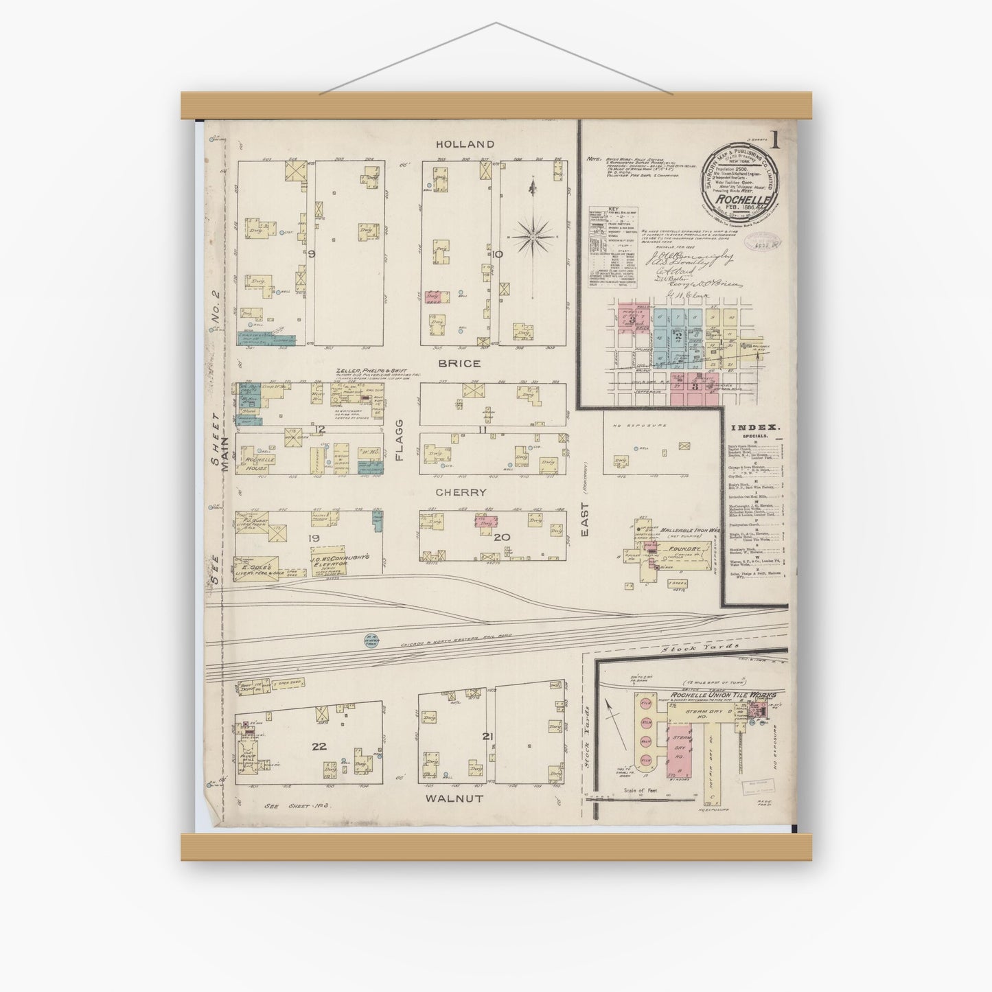 Old map wall art mockup — magnetic wood frame on white wall — Sanborn Fire Insurance Map from Rochelle, Ogle County, Illinois (1886), Sheet #0001