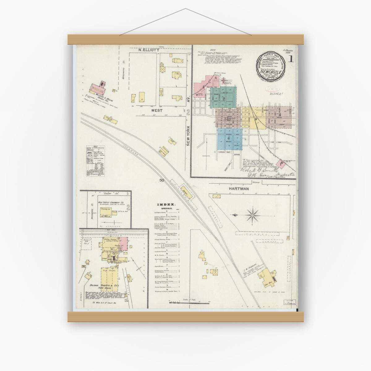 Old map wall art mockup — magnetic wood frame on white wall — Sanborn Fire Insurance Map from New Castle, Henry County, Indiana (1892), Sheet #0001