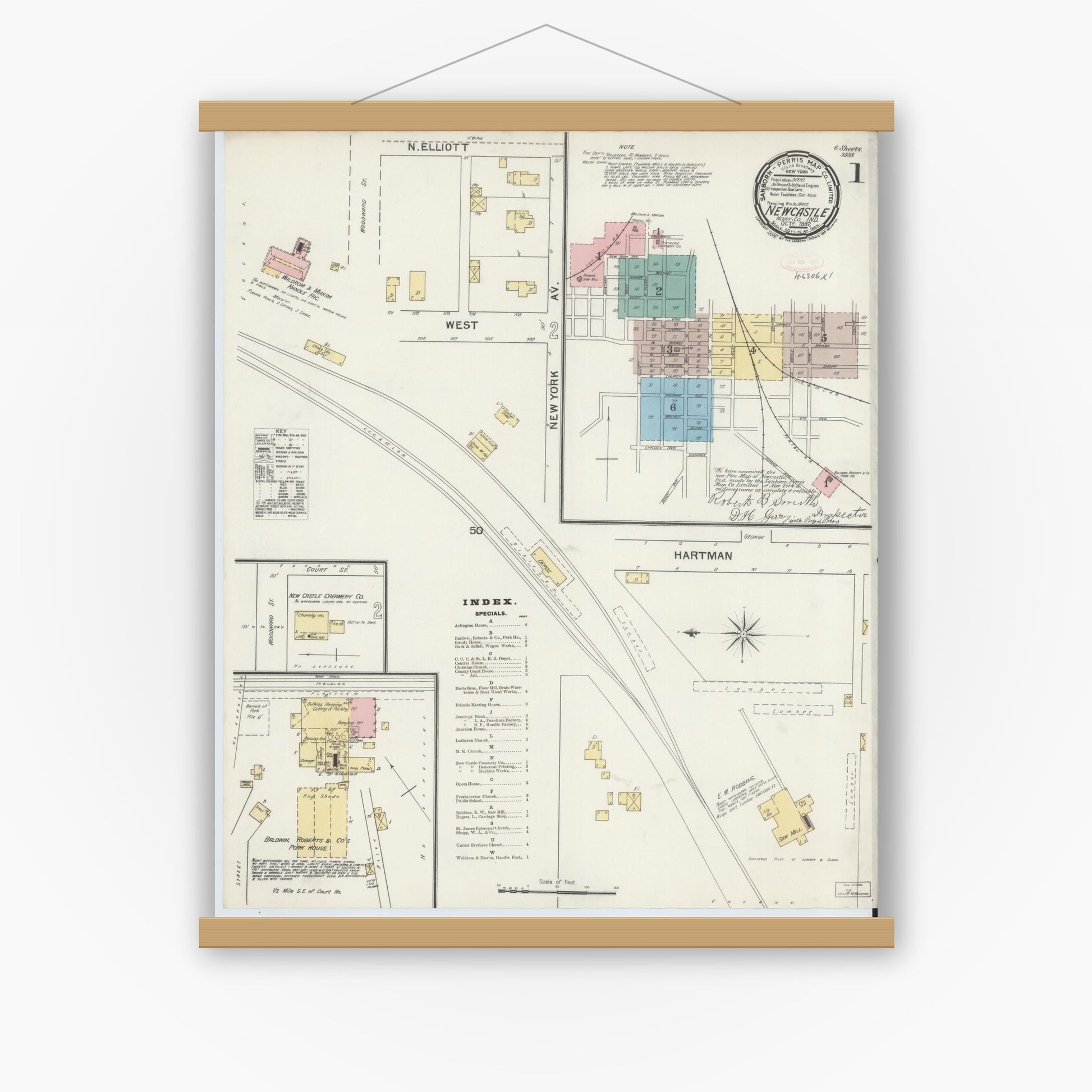 Old map wall art mockup — magnetic wood frame on white wall — Sanborn Fire Insurance Map from New Castle, Henry County, Indiana (1892), Sheet #0001