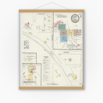 Old map wall art mockup — magnetic wood frame on white wall — Sanborn Fire Insurance Map from New Castle, Henry County, Indiana (1892), Sheet #0001