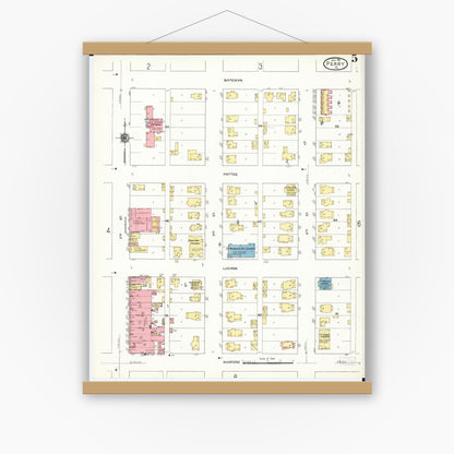 Old map wall art mockup — magnetic wood frame on white wall — Sanborn Fire Insurance Map from Perry, Dallas County, Iowa (1911), Sheet #0005