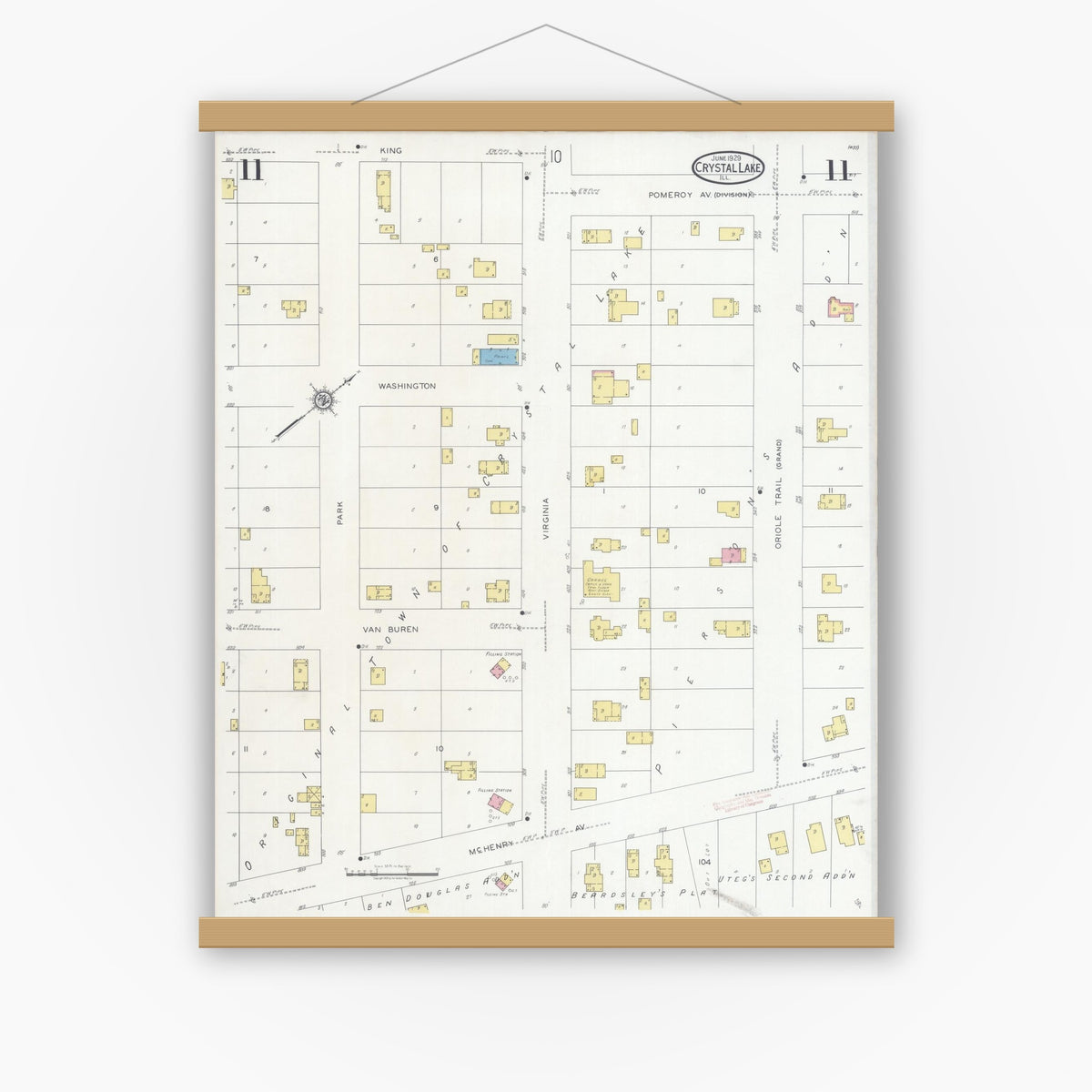 Old map wall art mockup — magnetic wood frame on white wall — Sanborn Fire Insurance Map from Crystal Lake, McHenry County, Illinois (1929), Sheet #0011