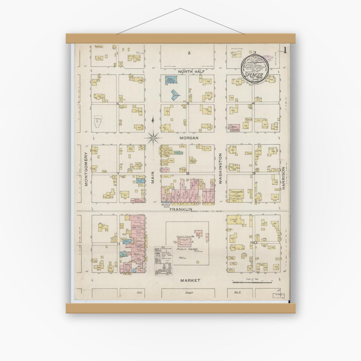 Old map wall art mockup — magnetic wood frame on white wall — Sanborn Fire Insurance Map from Spencer, Owen County, Indiana (1886), Sheet #0001