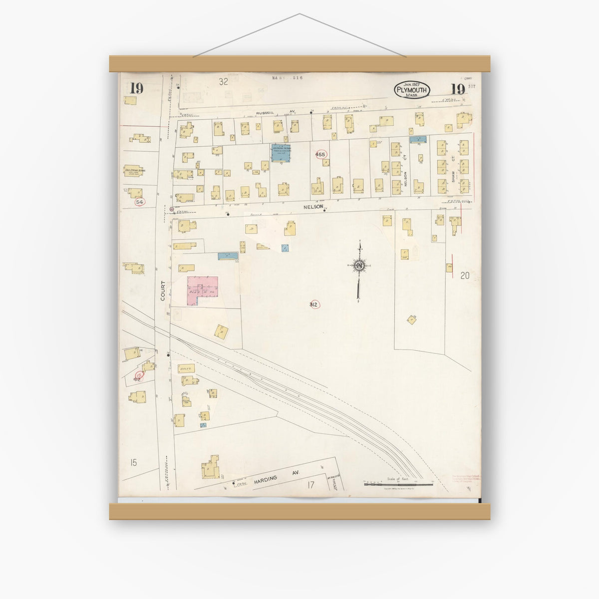 Old map wall art mockup — magnetic wood frame on white wall — Sanborn Fire Insurance Map from Plymouth, Plymouth County, Massachusetts (1948), Sheet #0019