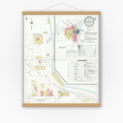 Old map wall art mockup — magnetic wood frame on white wall — Sanborn Fire Insurance Map from Kewaunee, Kewaunee County, Wisconsin (1933) - Complete Map Set