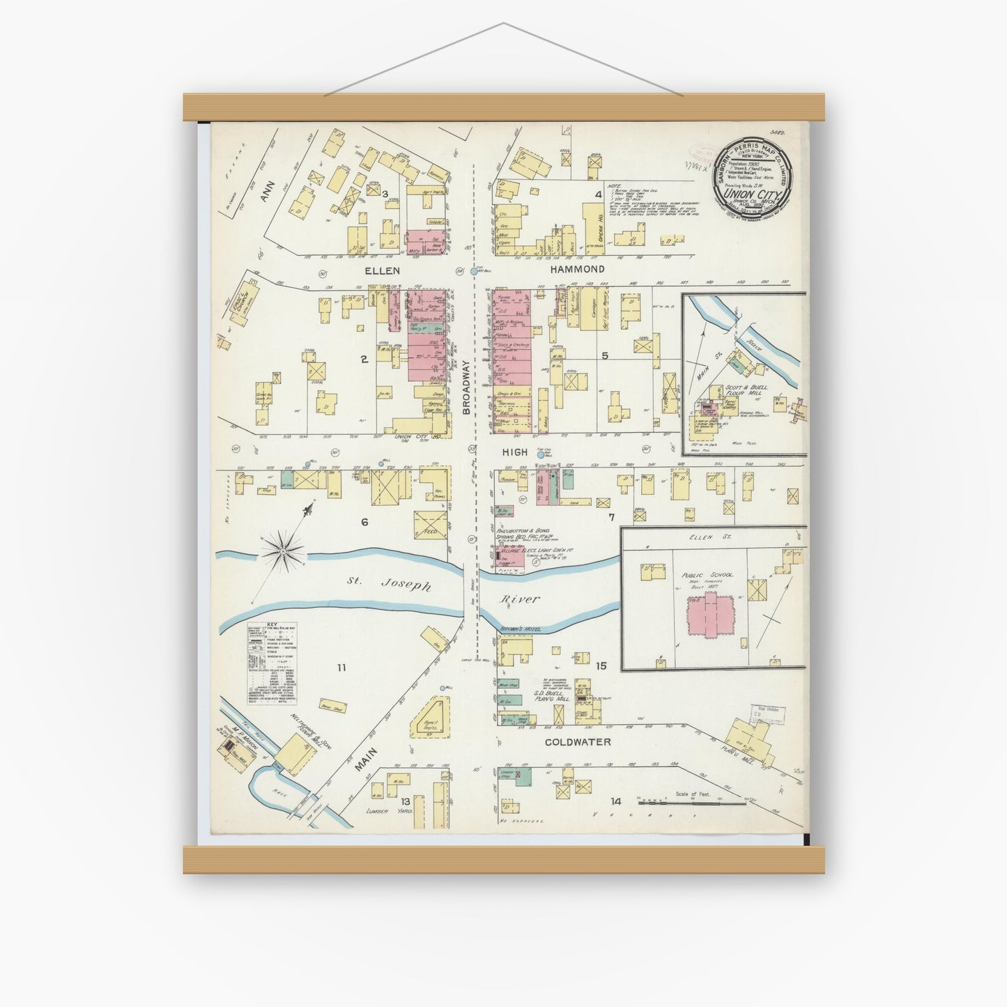 Old map wall art mockup — magnetic wood frame on white wall — Sanborn Fire Insurance Map from Union City, Branch And Calhoun Counties, Michigan (1892), Sheet #0001