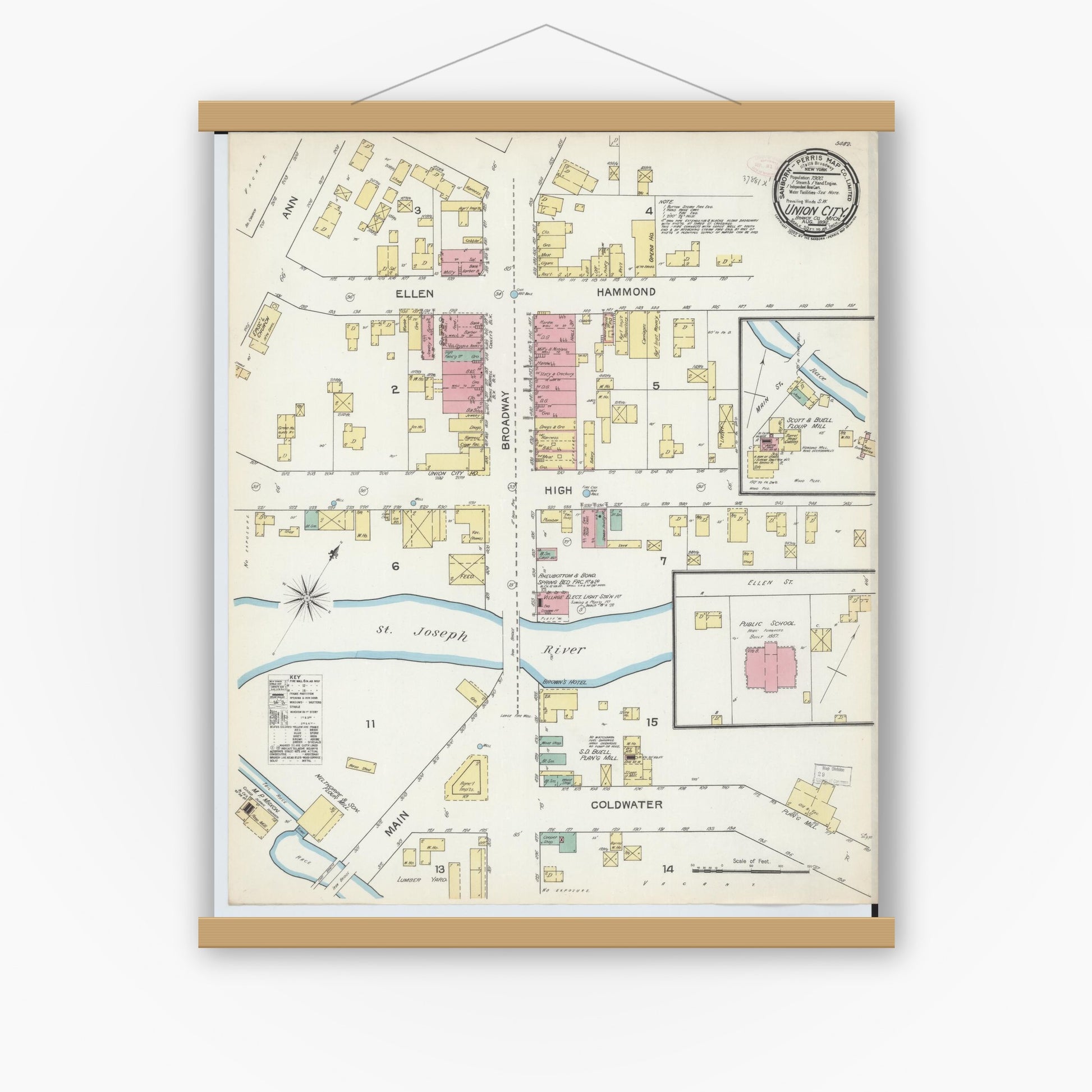 Old map wall art mockup — magnetic wood frame on white wall — Sanborn Fire Insurance Map from Union City, Branch And Calhoun Counties, Michigan (1892), Sheet #0001