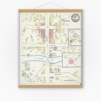 Old map wall art mockup — magnetic wood frame on white wall — Sanborn Fire Insurance Map from Union City, Branch And Calhoun Counties, Michigan (1892), Sheet #0001