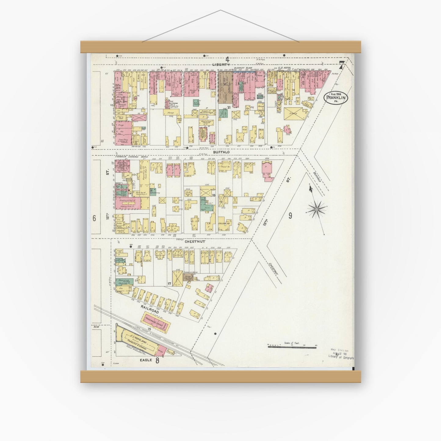 Old map wall art mockup — magnetic wood frame on white wall — Sanborn Fire Insurance Map from Franklin, Venango County, Pennsylvania (1906), Sheet #0007
