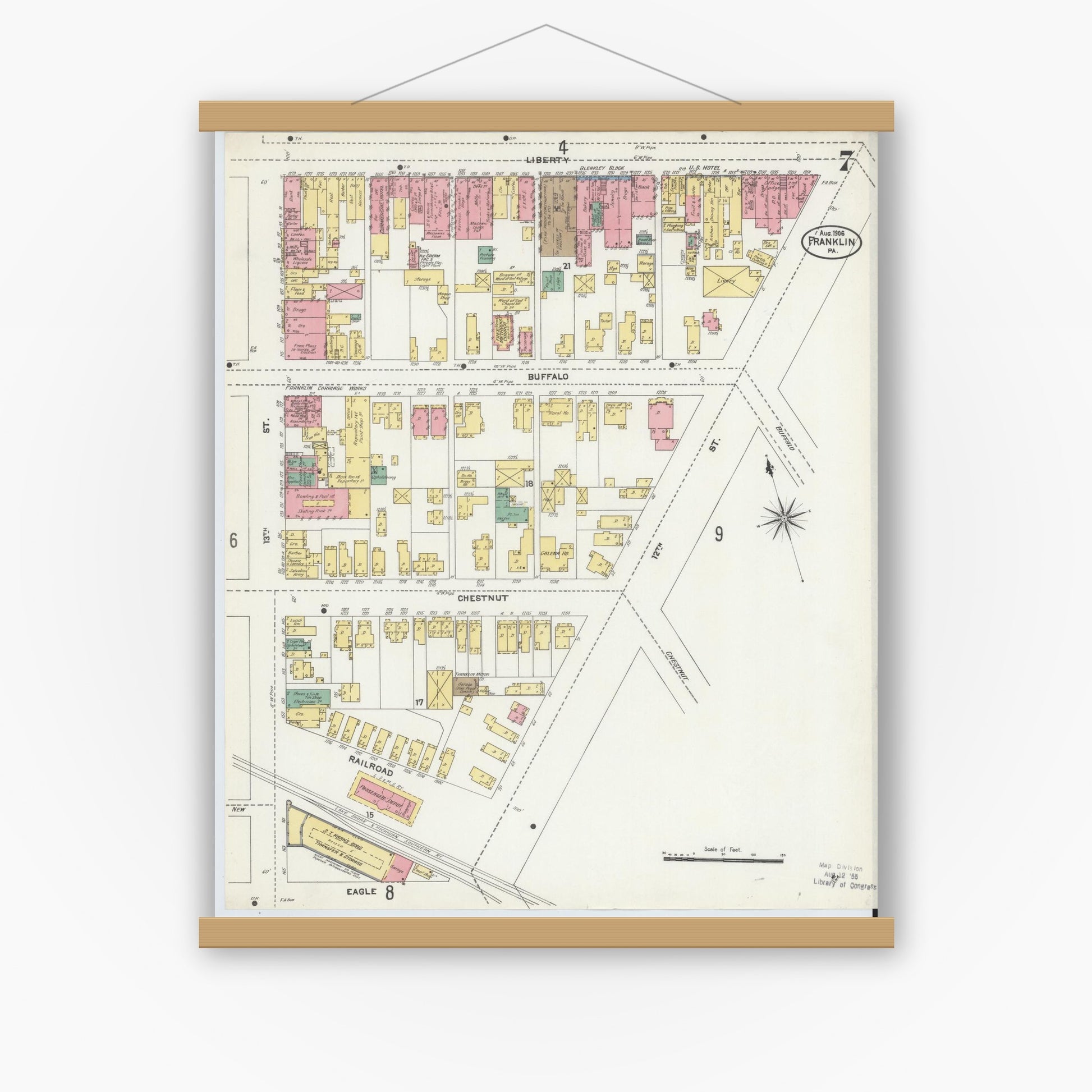 Old map wall art mockup — magnetic wood frame on white wall — Sanborn Fire Insurance Map from Franklin, Venango County, Pennsylvania (1906), Sheet #0007